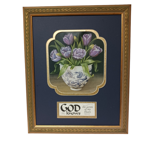 Christian Scripture Framed Picture Purple Floral Tulips Ps 44:21 Inspirational - Picture 11 of 13